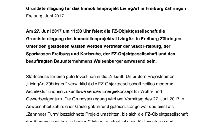 Grundsteinlegung für das Immobilienprojekt LivingArt in Freiburg Zähringen 