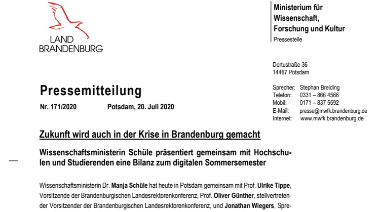 Zukunft wird auch in der Krise in Brandenburg gemacht - Wissenschaftsministerin Schüle präsentiert gemeinsam mit Hochschulen und Studierenden eine Bilanz zum digitalen Sommersemester