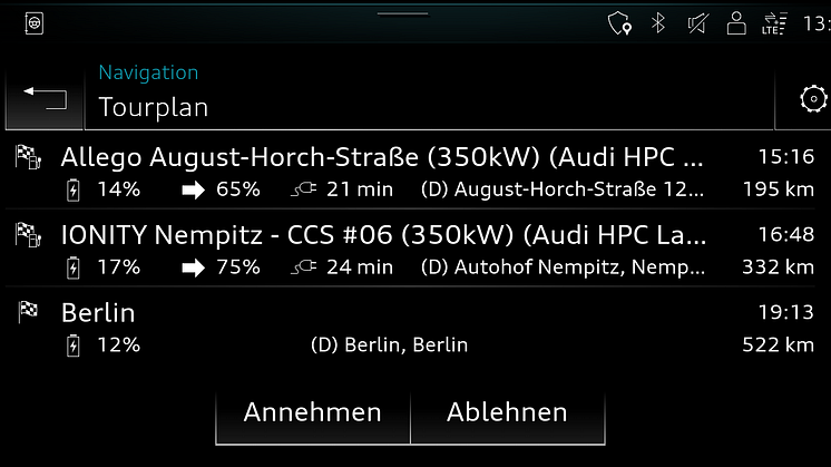 Audi e-tron-ruteplanlægger (MMI turplan)