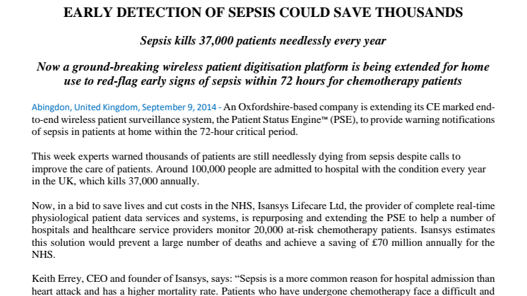 EARLY DETECTION OF SEPSIS COULD SAVE THOUSANDS
