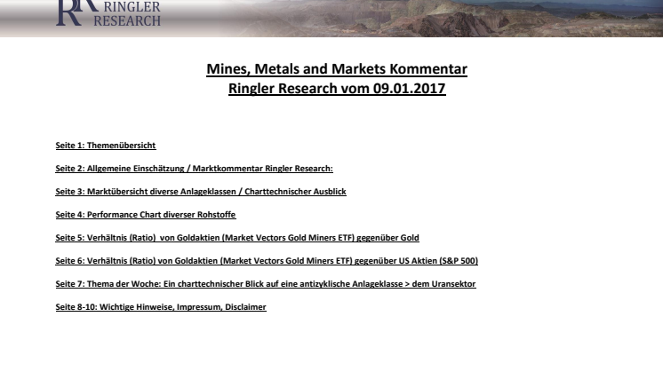 Newsletter Ringler Research:  Mines, Metals and Markets Kommentar vom 09.01.2017