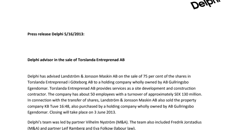 Delphi advisor in the sale of Torslanda Entreprenad AB