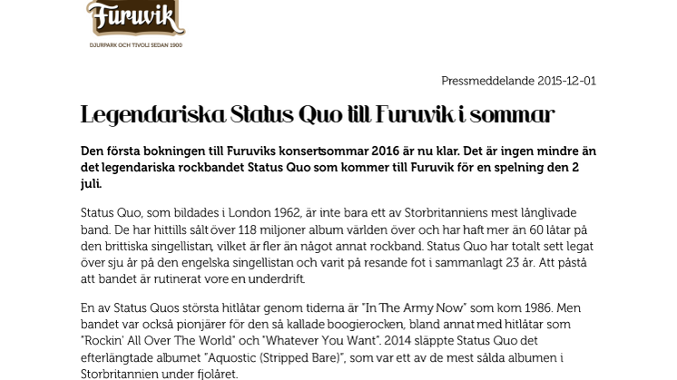 Legendariska Status Quo till Furuvik i sommar