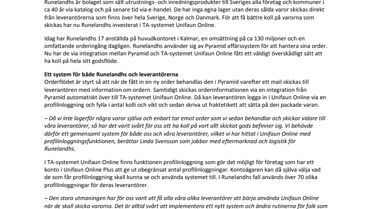 Runelandhs får bättre koll på godset med Unifaun Online