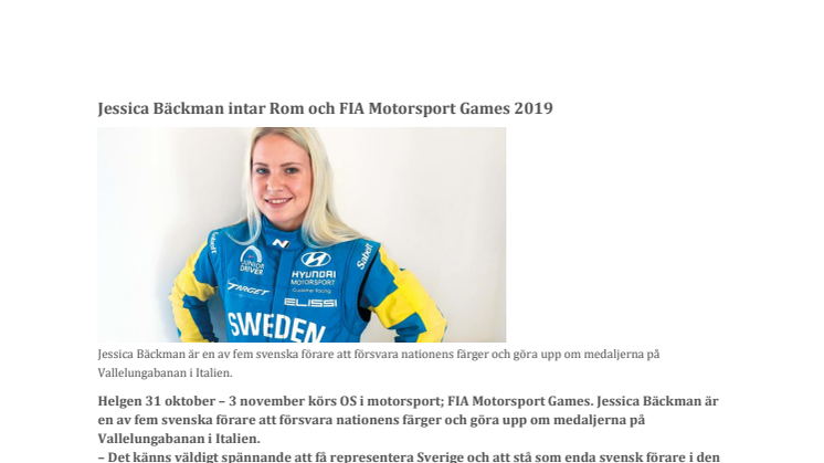 Jessica Bäckman intar Rom och FIA Motorsport Games 2019