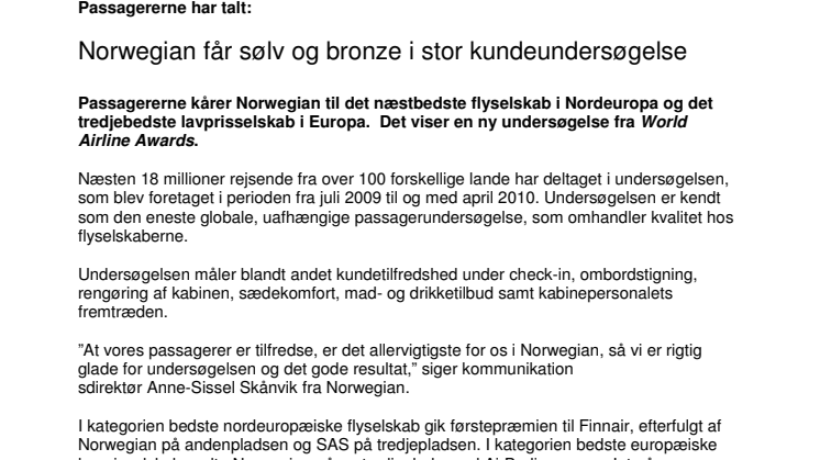 Norwegian får sølv og bronze i stor kundeundersøgelse