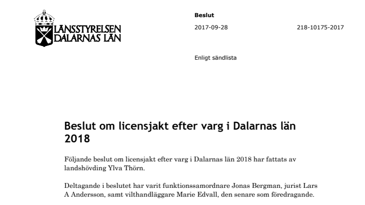Beslut om licensjakt efter varg i Dalarnas län 2018