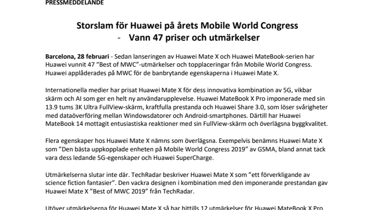 Storslam för Huawei på årets Mobile World Congress  - Vann 47 priser och utmärkelser 
