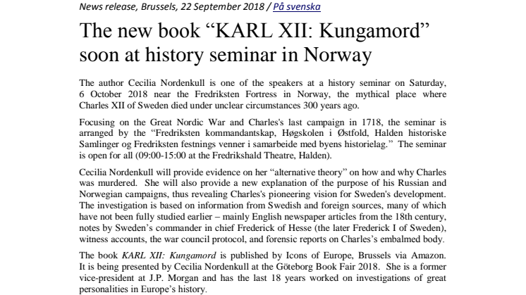 The new book “KARL XII: Kungamord” soon at history seminar in Norway