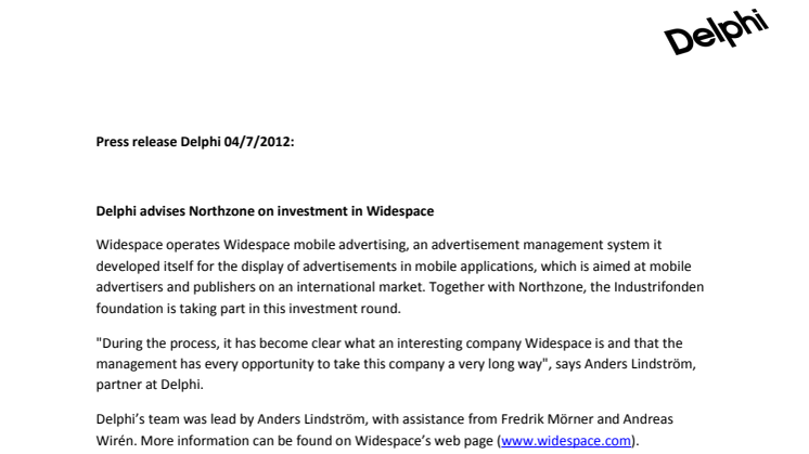 Delphi advises Northzone on investment in Widespace