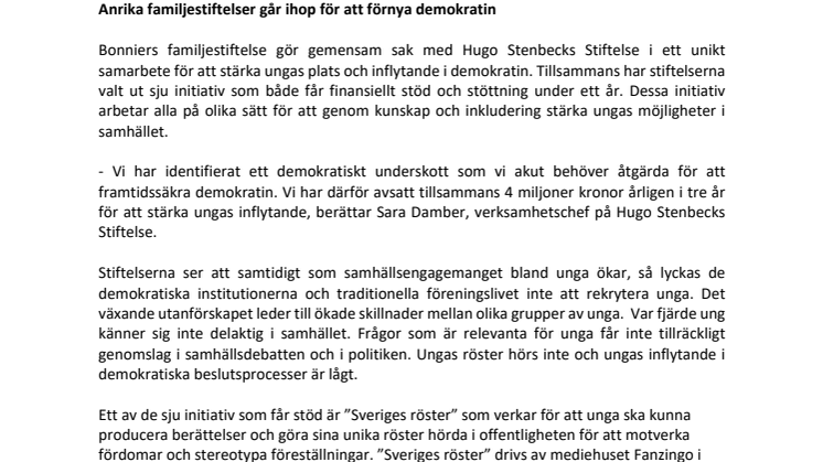 Anrika familjestiftelser går ihop för att förnya demokratin 