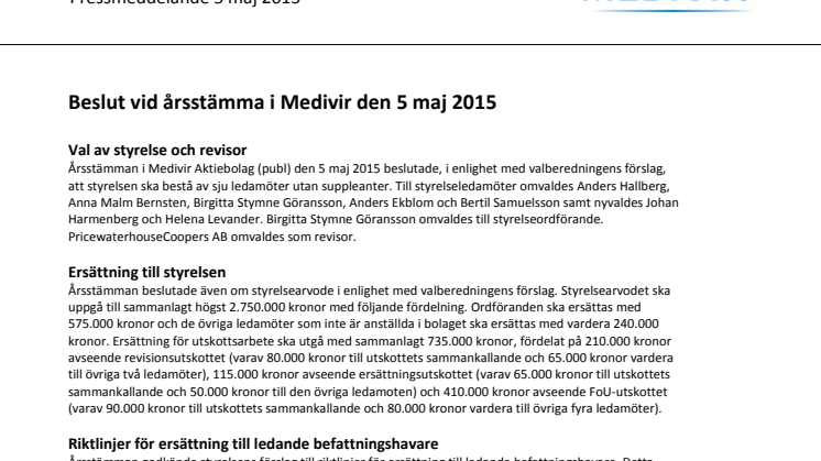 Beslut vid årsstämma i Medivir den 5 maj 2015