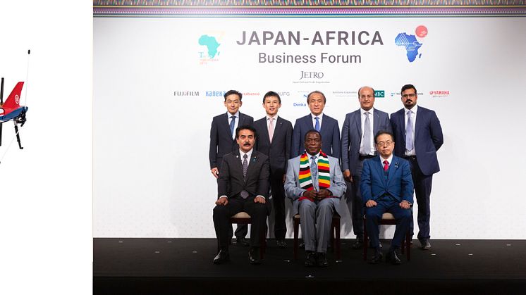 (LEFT) FAZER R G2   (RIGHT) At the Conclusion of the Agreement during TICAD7  Astral Aviation Solutions CEO  Mr. Sanjeev Gadhia (back row, second from right)  Yamaha Motor Chairman and Representative Director  Mr. Hiroyuki Yanagi (back row, center)