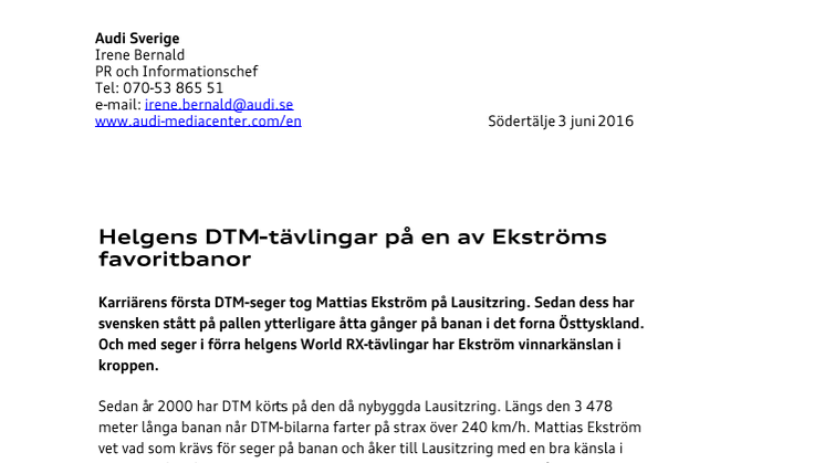 Helgens DTM-tävlingar på en av Ekströms favoritbanor