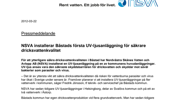 NSVA installerar Båstads första UV-ljusanläggning för säkrare dricksvattenkvalitet