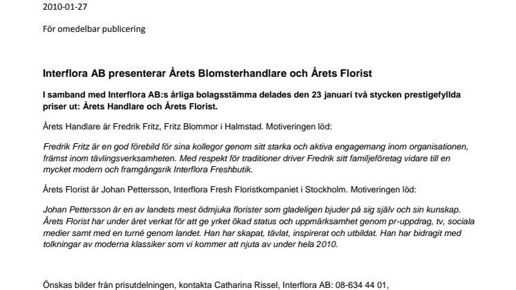 Interflora AB presenterar Årets Blomsterhandlare och Årets Florist