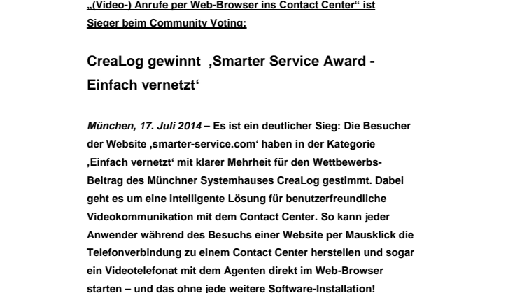 '(Video-) Anrufe per Web-Browser ins Contact Center' ist Sieger beim Community Voting: CreaLog gewinnt 'Smarter Service Award - Einfach vernetzt'