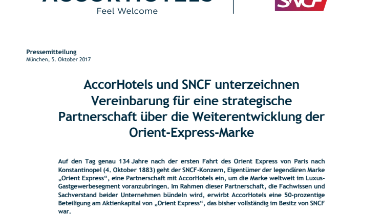 ​AccorHotels und SNCF unterzeichnen Vereinbarung für eine strategische Partnerschaft über die Weiterentwicklung der Orient-Express-Marke