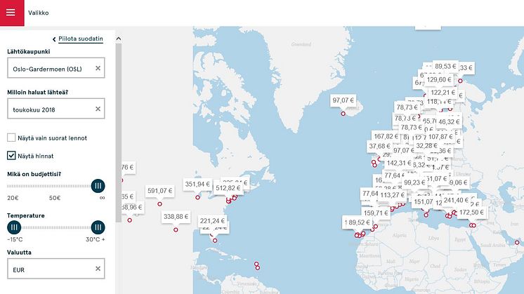 Norwegianin digitaalisen lämpötilakartan avulla kohteen voi valita lämpötilan mukaan.