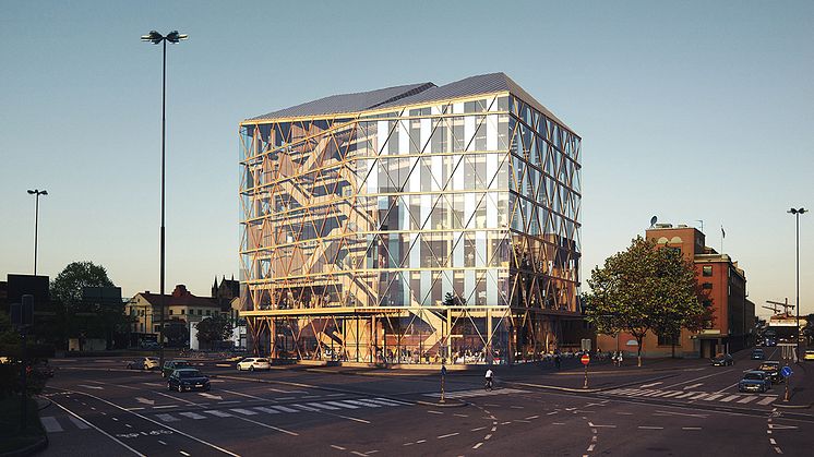 En kontorsbyggnad i trä med fasader i glas, det är Utopias förslag när arkitekten får makten. Skiss: Utopia Arkitekter.