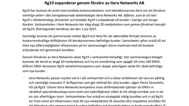 Rg19 expanderar genom förvärv av Itera Networks AB