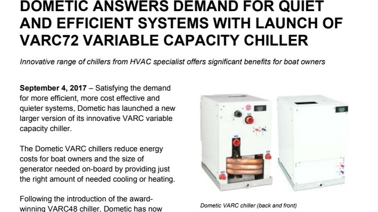 Dometic Answers Demand for Quiet and Efficient Systems with Launch Of VARC72 Variable Capacity Chiller