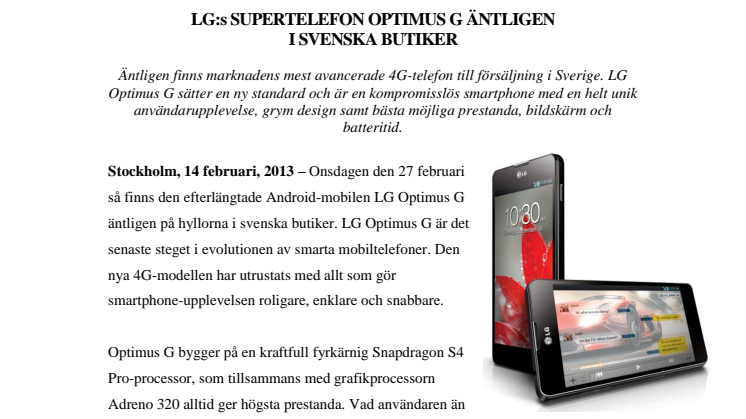 LG:s SUPERTELEFON OPTIMUS G ÄNTLIGEN  I SVENSKA BUTIKER