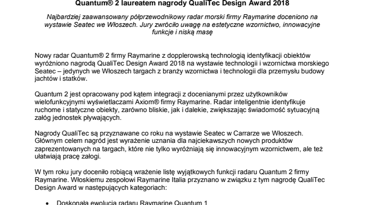 Raymarine: Quantum® 2 laureatem nagrody QualiTec Design Award 2018 