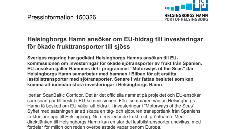 Helsingborgs Hamn ansöker om EU-bidrag till investeringar för ökade frukttransporter till sjöss