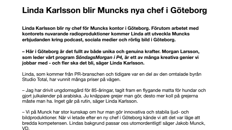 Linda Karlsson blir Muncks nya chef i Göteborg