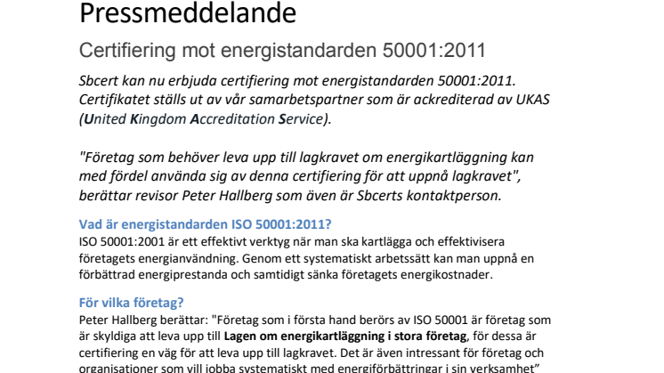 Sbcert certifierar mot energistandarden 50001:2011