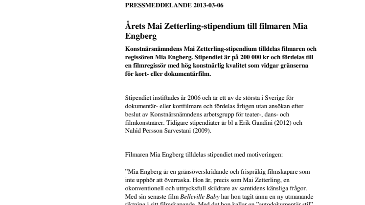 Årets Mai Zetterling-stipendium till filmaren Mia Engberg