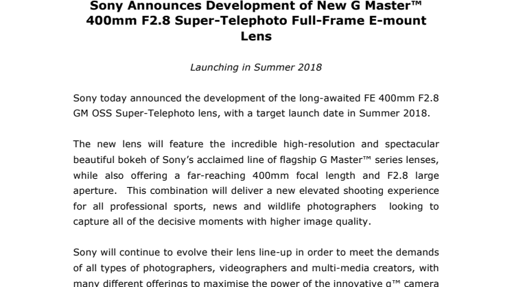 ​Sony utvikler ny G Master™ 400mm F2.8 supertele fullformat E-mount-objektiv