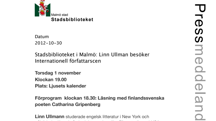 Stadsbiblioteket i Malmö: Linn Ullman besöker Internationell författarscen