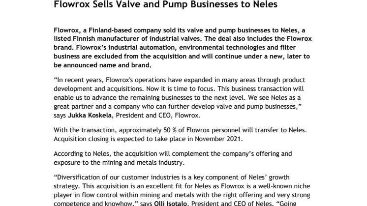 Flowrox Sells Valve and Pump Businesses to Neles_Press Release.pdf