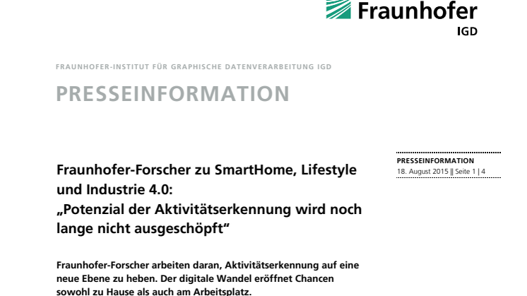 Fraunhofer-Forscher zu SmartHome, Lifestyle und Industrie 4.0: „Potenzial der Aktivitätserkennung wird noch lange nicht ausgeschöpft“