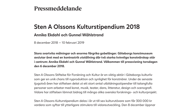 Sten A Olssons Kulturstipendium 2018