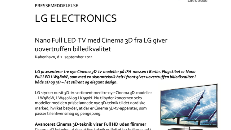 Nano Full LED-TV med Cinema 3D fra LG giver uovertruffen billedkvalitet