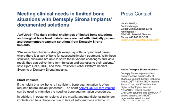 Meeting clinical needs in limited bone situations with Dentsply Sirona Implants’ documented solutions