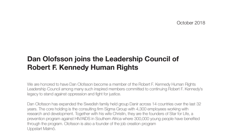 Sigma founder Dan Olofsson joins the Leadership Council of Robert F. Kennedy Human Rights