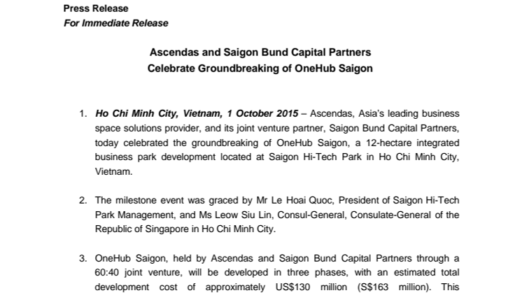 Ascendas and Saigon Bund Capital Partners celebrate groundbreaking of OneHub Saigon