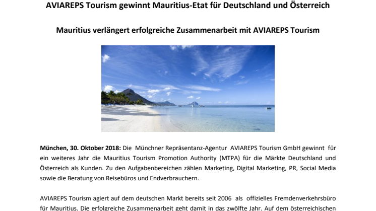 AVIAREPS Tourism gewinnt Mauritius-Etat für Deutschland und Österreich