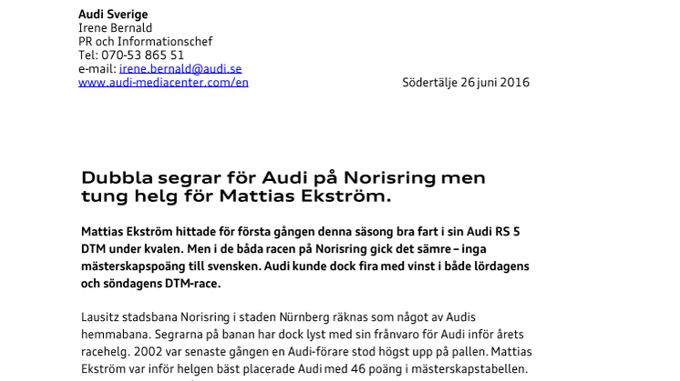 Dubbla segrar för Audi på Norisring men tung helg för Mattias Ekström.