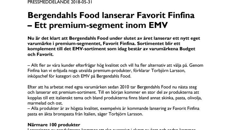 Bergendahls Food lanserar Favorit Finfina – Ett premium-segment inom EMV