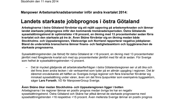 Landets starkaste jobbprognos i östra Götaland