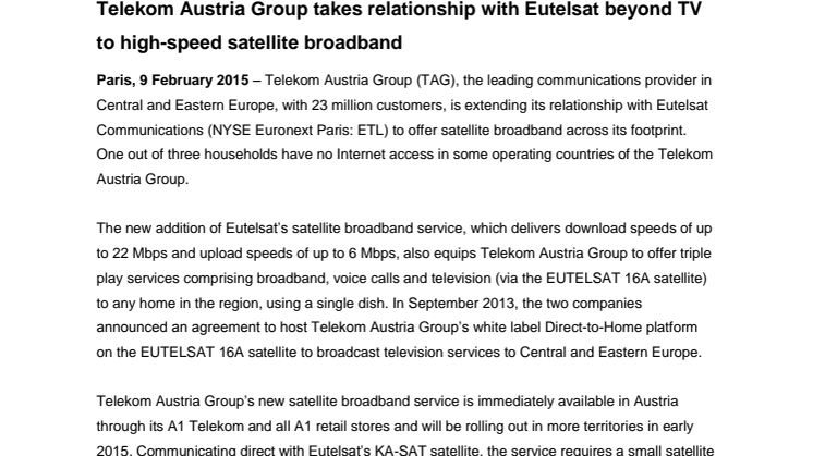 Telekom Austria Group takes relationship with Eutelsat beyond TV to high-speed satellite broadband