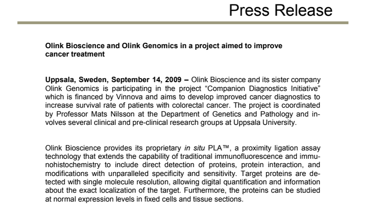 Olink Bioscience and Olink Genomics in a project aimed to improve  cancer treatment