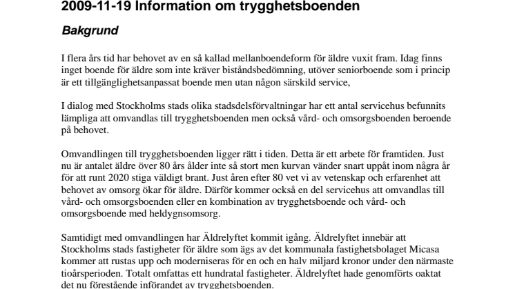 Information  om trygghetsboenden i Stockholms stad 2009-11-19