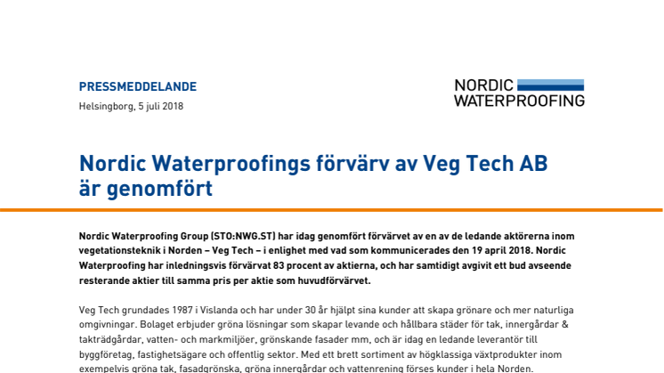 Nordic Waterproofings förvärv av Veg Tech AB är genomfört