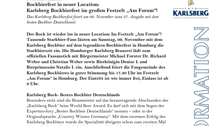Bockbierfest in neuer Location: Karlsberg Bockbierfest im großen Festzelt „Am Forum“!